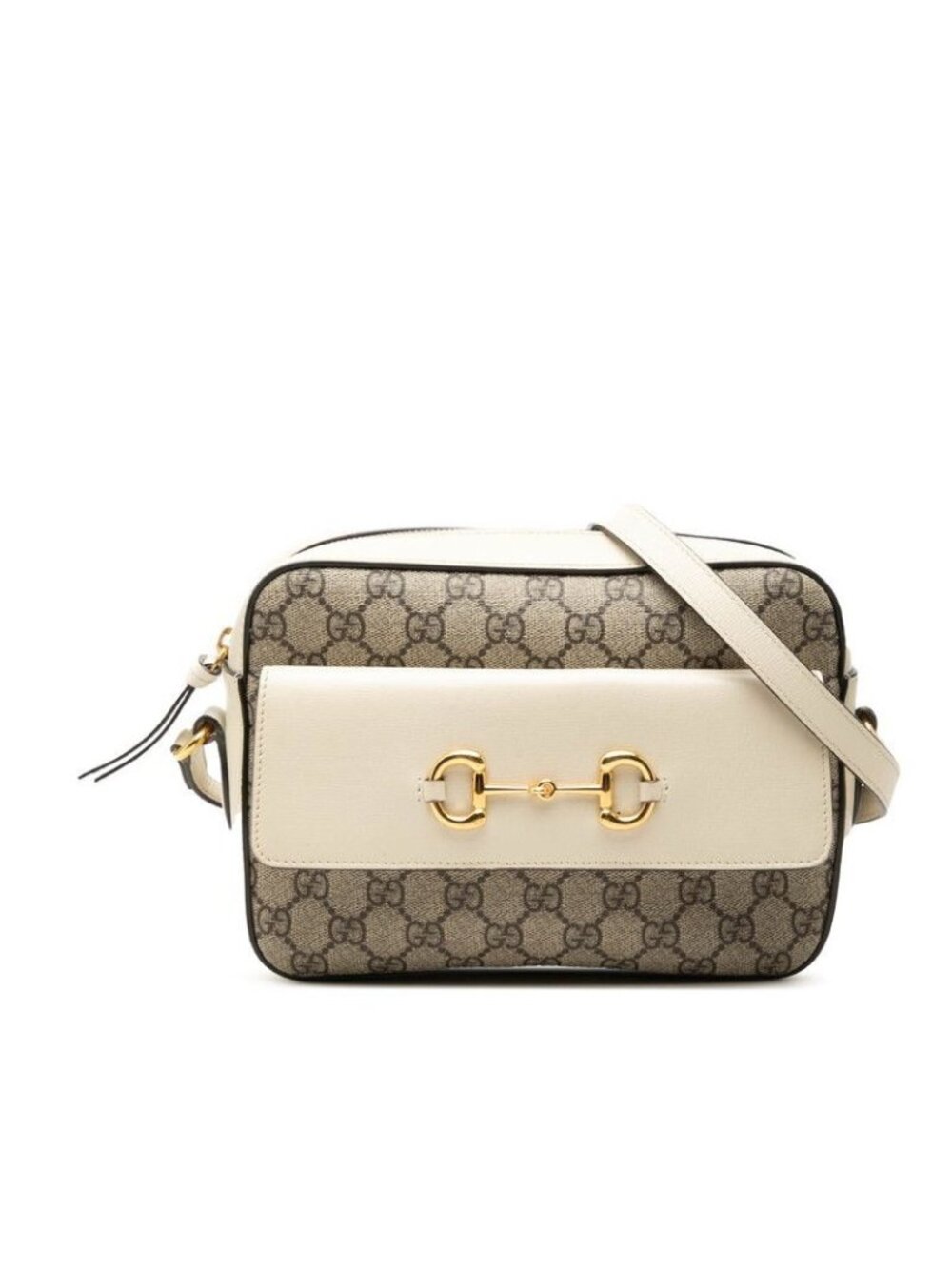 Gucci GG Supreme Horsebit Crossbody Shoulder Bag Beige White Leather
